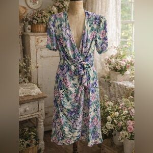 Vintage 1980s Milanzo Pastel Floral, Rayon Wrap Dress With Puff Sleeves & Bow